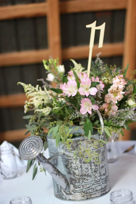 Watering can centerpeices Watering Can Centerpiece, Watering Can Centerpieces, Bee Wedding, Metal Watering Can, Baby In Bloom, Water Can, Table Centers, Centre Pieces, Wild Flower