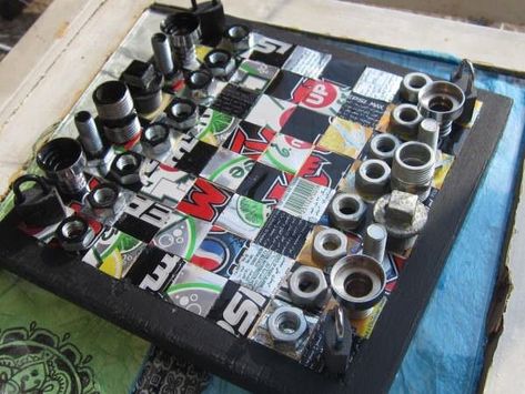 Chess Board made out of found metal objects !  #Diy, #Game, #Recycled, #Upcycled #Do-It-YourselfIdeas, #RecyclingMetal Diy Chess Set, Chess Ideas, Auction Projects, Chess Boards, Chess Sets, Upcycle Recycle, Diy Recycle, Recycled Items, Diy Games