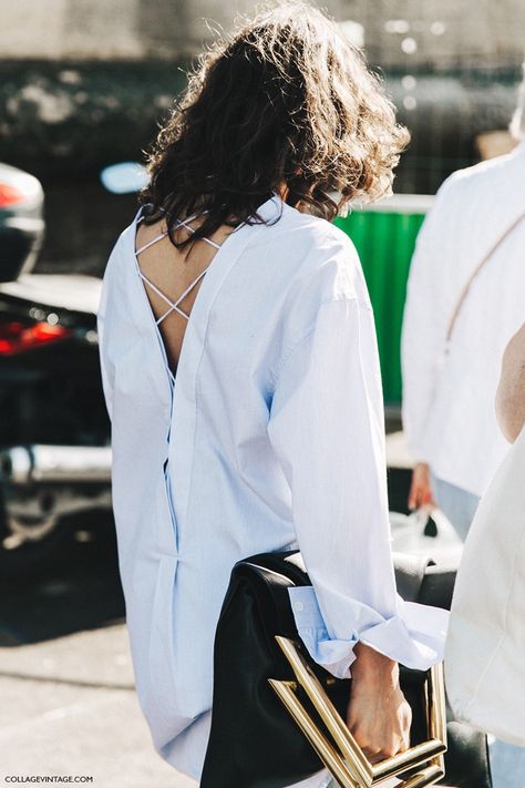 Criss cross open back, shirt, Street Style | Harperandharley Backless Shirt, Street Style 2016, Moda Paris, Paris Fashion Week Street Style, Looks Street Style, Women Street, Fashion Week Street Style, Street Chic, Fashion Details