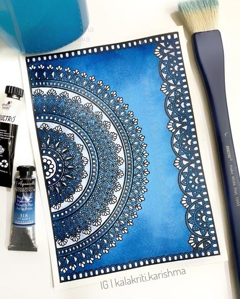 Karishma Srivastava | Mandala on Instagram: “Tried out this classic colour combination of blue and white.💙🤍 . A bit skeptical about the end result as the black doesn’t show up much.…” Mandala On Black Canvas, Mandala Watercolor Painting, Watercolor Mandala Art, Blue Mandala Art, Aesthetic Art Projects, Mandala Doodle Art, Black Pen Art, Punjabi Design, Mandala Art Designs