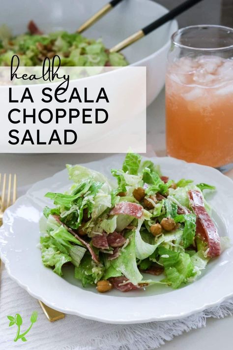 This La Scala Chopped Salad recipe has the same delicious flavors and textures as the famous viral dish from Beverly Hills—at a fraction of the cost, and it's healthier, too! Crispy lettuce, mozzarella, chickpeas, and salami are tossed in a tangy La Scala salad dressing, making this dish a quick and easy lunch that's satisfying and delicious. Italian Chopped Salad La Scala Chopped Salad Recipe, La Scala Salad, Scala Salad, Scala Chopped Salad, Chopped Salad Recipe, Chopped Salad Recipes, Classic Caesar Salad, Italian Chopped Salad, Goat Cheese Salad