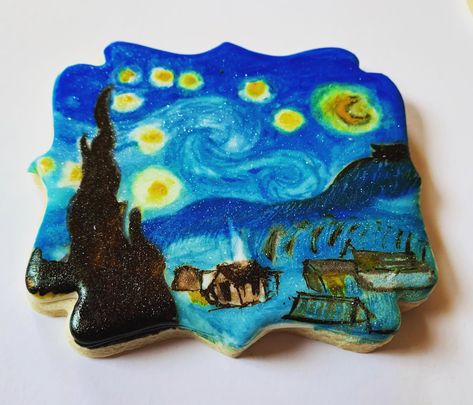 Van Gogh “Starry Night” inspired hand painted Sugar Cookie by Dover Girls Desserts/ colleen patafio Art meets cookie Royal icing cookies Starry Night Cookies Decorated, Starry Night Cookies, Painted Sugar Cookies, Paint Cookies, Starry Night Van Gogh, Dessert Decoration, Art Party, Cookie Art, Icing Cookies