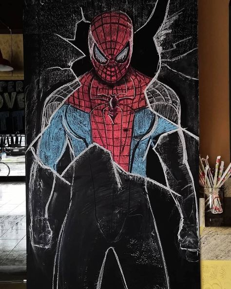 Art by @allalavagna (instagram) Spiderman Chalkboard, Chalkboard Art, Drawing Tips, Chalkboard, Spiderman, Batman, Drawings, Fictional Characters, Instagram