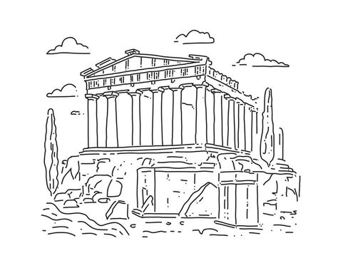 Acropolis Drawing, Greek Doodles, Greece Sketch, Greek Drawings, Greece Drawing, Greek Parthenon, Athena Art, Greek Drawing, Travel Doodles