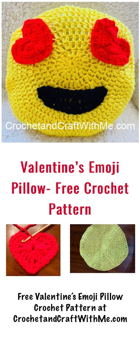 Crochet this cute emoji pillow.  Heart eyes and a fun face.  #crochet #crocheting #emoji #pattern Crochet Pillow Pattern Free, Heart Pillow Pattern, Crochet Heart Pillow, Crochet Throw Pillow, Crochet Pillow Patterns Free, Emoji Valentines, Friends Crochet, Emoji Patterns, Emoji Pillows