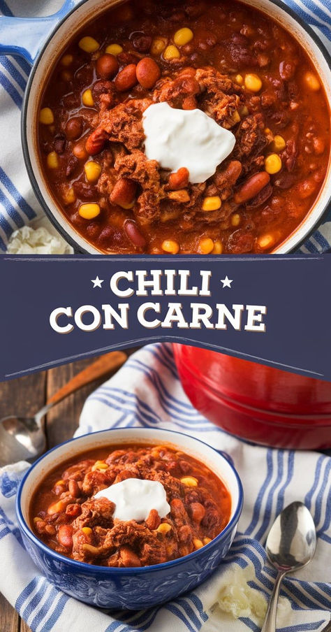 Spice up dinner with this flavorful Chili Con Carne! Loaded with tender beef, rich tomatoes, and a perfect blend of spices, this dish is perfect for cozy nights. Chili With Salsa Recipe, Carne Asada Chili, Canned Chili Recipes Dinners, Mexican Chili Recipe, Chilli Con Carne Recipe, Chili Con Carne Recipe, Carne Recipe, Con Carne Recipe, Mexican Chili