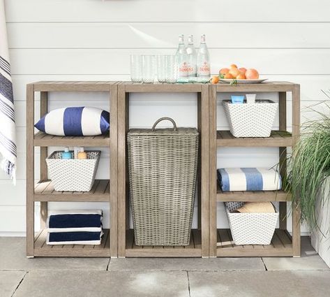 Storage Baskets, Storage Bins & Storage Boxes | Pottery Barn Hamper Shelf, Pool Towel Storage, Pool Organization, Pool Float Storage, Pool Toy Storage, Pool Storage, Pool Shower, Ice Bath, Patio Storage