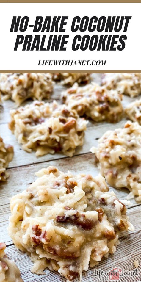 Coconut Praline Cookies, Praline Cookies Recipe, No Bake Coconut Cookies, Praline Cookies, Candy Recipes Homemade, Quit Drinking, Coconut Cookies, Cookie Bar Recipes, Coconut Recipes