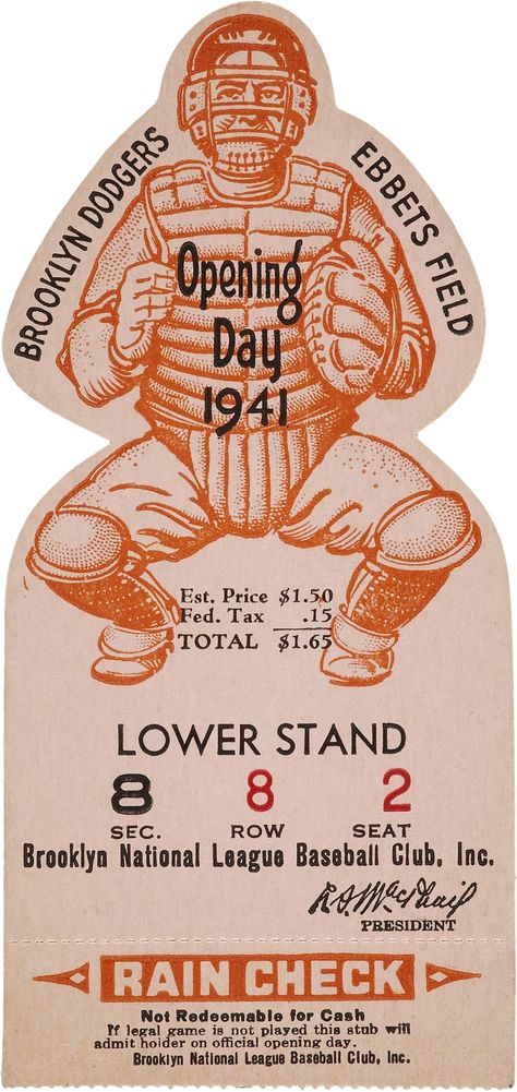 1941 Brooklyn Dodgers Opening Day Ticket Stub.... Baseball | Lot #81863 | Heritage Auctions Dodgers Opening Day, Let's Go Dodgers, Baseball Ticket, Brooklyn Dodgers, Baseball Stuff, Baseball Art, Dodger Blue, Sandlot, Baseball Memorabilia