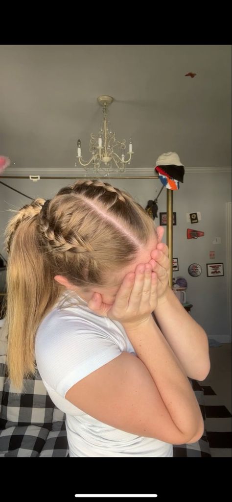 Plait To Ponytail, Cute Ponytail With Braid, French Plait Into Ponytail, Cute Hairstyles With Plaits, Plait Hairstyles For School, Dutch Braid Into Low Ponytail, Plaits Ponytail Hairstyles, Braid Back Ponytail, Teo Braids Into Low Ponytail