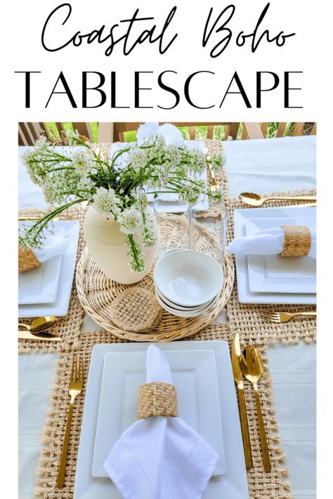 Neutral Boho table decor Elegant Coastal Tablescapes, Boho Outdoor Table, Coastal Table Setting, Neutral Plates, Beach Dining Table, Neutral Tablescape, Boho Table Setting, Coastal Dining Table, Square Dining Room Table