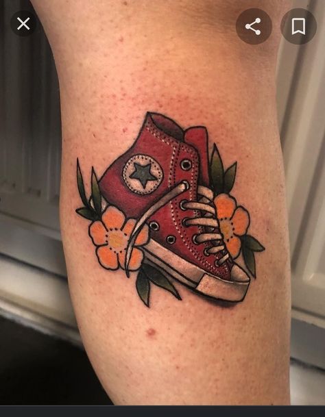 Converse Tattoo, Traditional Tattoo Wrist, Skate Tattoo, Running Tattoo, Shoe Tattoos, Tattoo Magazine, American Tattoos, Aesthetic Tattoo, Design Shoes