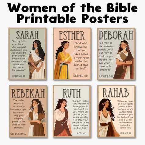 These Old Testament women of the Bible posters are great to add to any Christian classroom decor or Sunday school bulletin board. It's the perfect way to teach about the faith of Sarah, Esther, Rebekah, Ruth, Deborah, and Rahab and how God used them in the Bible. Print these religious posters and display for all to see! These Bible Verse posters are a great resource to use as meaningful decoration that can also help your child memorize scripture as they dig into God's Word.  ✔ PLEASE NOTE: - Thi Christian Classroom Decor, Posters Christian, Sunday School Classroom Decor, Sunday School Printables, Christian Classroom, Sunday School Decorations, Women Of The Bible, Sunday School Classroom, Bible Verse Posters