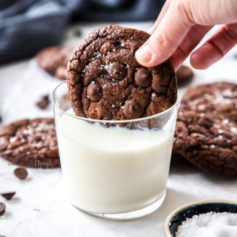 Chocolate Peanut Butter Chip Cookies, Chewy Fudge, Peanut Butter Chip Cookies, Chocolate Fudge Cookies, Baking Photography, Broma Bakery, A Glass Of Milk, Fudge Cookies, Double Chocolate Chip Cookies