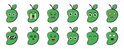 Vector de mango con 12 conjuntos de emot... | Premium Vector #Freepik #vector #animado #emoji-feliz #cara-sonriente #cara-feliz Mango Animation, Mango Character, Mango Cartoon Image, Mango Vector, Food Emoji, Fruit Character, Food Character, Emoji Funny, Vector Food