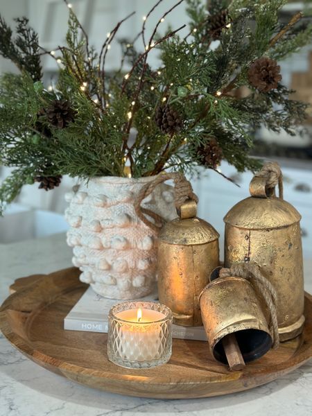 Christmas Bells Centerpiece, Buffet Table Fall Decor Ideas, Christmas Decor On Buffet Table, Cozy Winter Home Decor, Christmas Decor For Buffet Table, Kitchen Table Christmas Centerpiece, Buffet Christmas Decor, Christmas Buffet Tablescapes, Christmas Buffet Decor