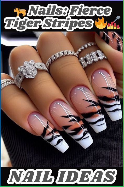 Tiger Nails Designs, Wild Nail Art, Tiger Print Nails, Nerd Nails, Zebra Stripe Nails, Tiger Stripe Nails, Tiger Nail Art, Ballerina Acrylic Nails, Tiger Nails