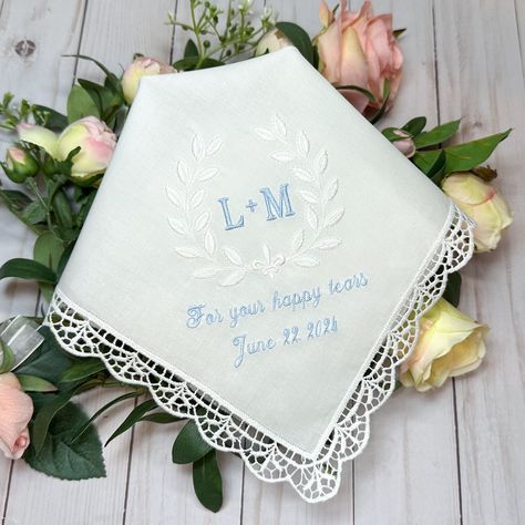 Rehearsal Dinner Gift, Embroidered Handkerchief Wedding, Wedding Party Flowers, Gift For The Bride, Embroidered Initials, Ink Printing, Wedding Handkerchief, Initial Monogram, Happy Tears