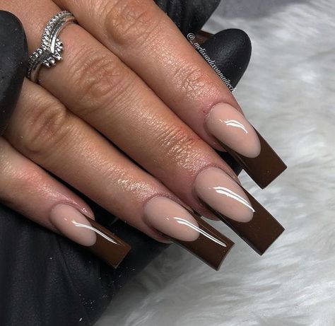 Dark Brown Nails Acrylic Design, Different Color French Nails, Brown Square Acrylic Nails, Brown French Tip Acrylic Nails, Brown Frenchies, Brown French Nails, Brown French Tip, Brown Acrylic Nails, Brown French