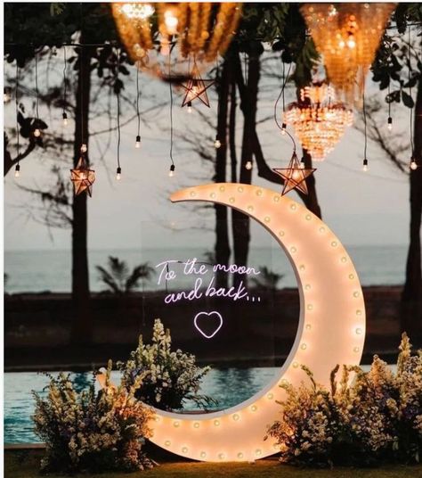 To The Moon And Back Wedding Sign, To The Moon And Back Backdrop, Love You To The Moon And Back Decor, Love You To The Moon And Back Bridal Shower Theme, Love You To The Moon And Back Party, Over The Moon Engagement Party, Moon Bridal Shower Theme, Tarot Party, Moon Stage