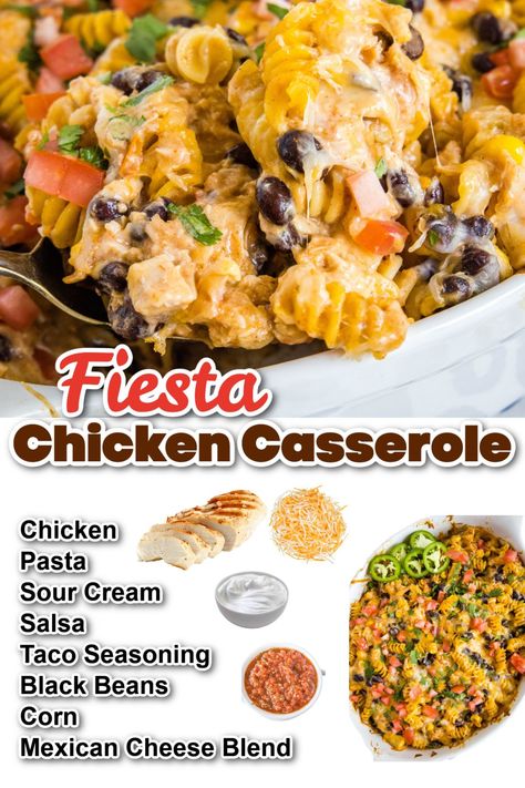 Fiesta Chicken Casserole is... - Dinners, Dishes and Desserts Fiesta Chicken Casserole, Baked Chicken Casserole, Chicken Pasta Casserole, Chicken Casserole Dinners, Pasta Bake Easy, Fiesta Chicken, Chicken Casserole Easy, Chicken Pasta Bake, Pasta Casserole