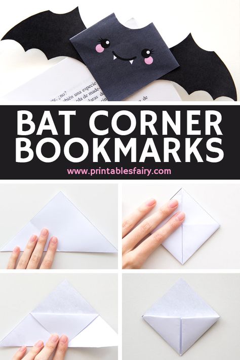 DIY Printable Bat Corner Bookmarks with template. Fun origami Halloween craft for kids. #halloweencrafts #halloweenactivities Bat Wing Template, Halloween Crafts Easy, Bookmarks Corner, Bookmarks Origami, Bat Bookmark, Diy Origami Decor, Wing Template, Bookmarks Halloween, Diy Origami Home Decor