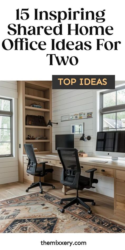 Explore innovative home office ideas for two people to create a productive workspace. Design a functional setup with two desks, computers, and bookshelves for optimal organization. Discover inspiring IKEA home office ideas tailored for couples sharing workspaces. Transform your space with creative solutions for dual productivity in mind. Office And Formal Living Room Combo, Couples Office Space, Office With Desk In Middle Of Room, Couples Office Space Home, Office Set Up Ideas Layout, Office Ideas For Two People, Couple Home Office, Two Desk Office Layout, Dual Office Ideas Home