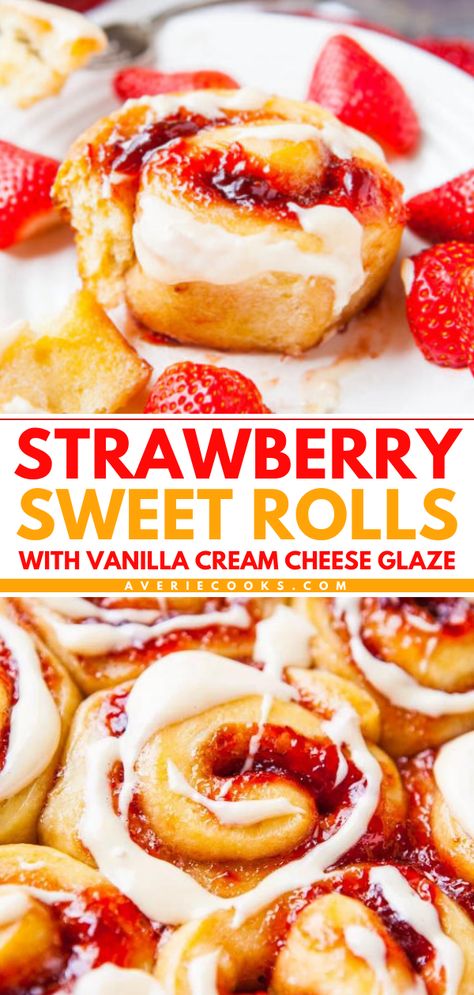 Try this yeast roll recipe! Filled with strawberry jam and topped with vanilla cream cheese glaze, these sweet rolls are the perfect summer breakfast idea. Thanks to an overnight option, they're great to make ahead of your summer brunch party! Strawberry Sweet Rolls, Fluffy Rolls, Jam Roll, Strawberry Cinnamon Rolls, Vanilla Cream Cheese, Sweet Roll Recipe, Cream Cheese Rolls, Cream Cheese Glaze, Strawberry Cream Cheese