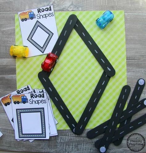 Preschool Transportation Unit Shapes - Giant Craft Stick Roads #preschool #transportationunit #planningplaytime Building Roads Preschool, Transportation Table Top Activities, Transportation Math Preschool, Transportation Snacks For Preschool, Adventure Crafts For Preschool, Roads Creative Curriculum, Transportation Unit Preschool, Prek Transportation Activities, Transportation Centers Preschool