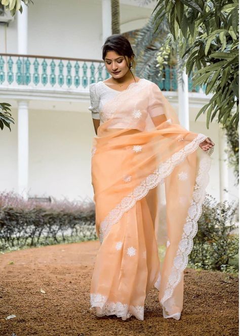 Pure organza silk saree with Lucknowi white flower design all over saree nd cutwork border with contrast white silk blouse 6 colour in 1 design (Super duper hit design) Only at *999+$/* Sd/⁷⁰ Quality ki gurrenty Book now Saree Orange, Peach Color Saree, Peach Saree, Saree And Blouse, White Silk Blouse, Purple Saree, Saree Designer, Orange Saree, Organza Silk Saree