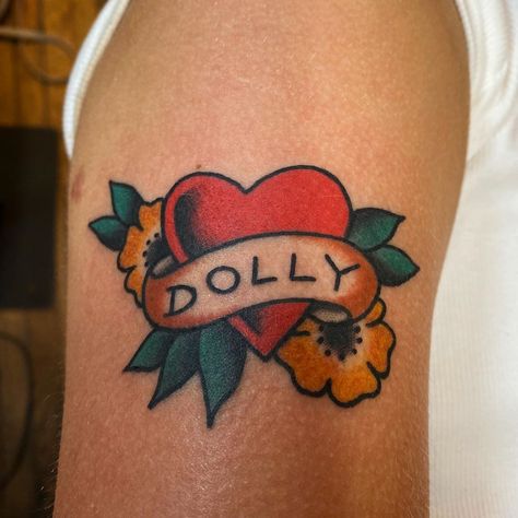 American Traditional Dolly Parton Tattoo, Dolly Parton Traditional Tattoo, Dolly Parton Tattoo Ideas, Dolly Tattoos, Dainty Tats, Dolly Parton Tattoos, Traditional Heart Tattoos, Dolly Parton Shirt, Traditional Heart