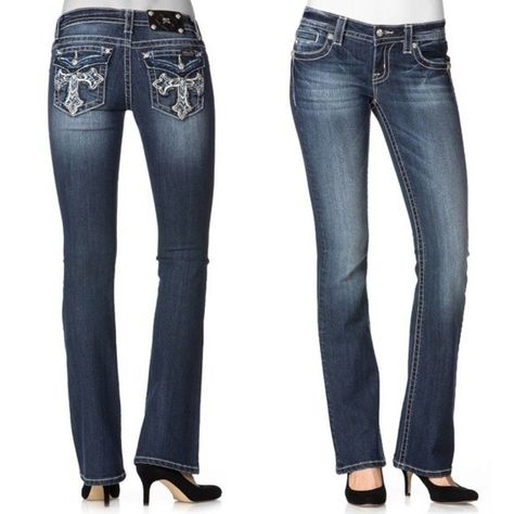 Make An Impression In Miss Me's Bootcut Jeans. Flap Back Pockets With Embroidery And Rhinestones Add Extra Oomph! Brand New With Tag Classic 5-Pocket Styling; Flap Back Pockets With Embroidery And Rhinestones White Topstitching Throughout Rhinestones At Rivets Dark Wash With Fading And Whispering At Front And Back Low Rise: Waistband Sits At Hips Skinny Fit Through Hips And Thighs Bootcut Leg Zipper Fly With Button Closure; Belt Loops Approximate Inseam: 34 Inches 73%Cotton/25%Polyester/2%Elasta Fringe Jeans, Sequin Boots, Destructed Jeans, Womens Jeans Bootcut, Embellished Jeans, Boot Cut Denim, Embroidered Jeans, Boot Cut Jeans, Miss Me Jeans