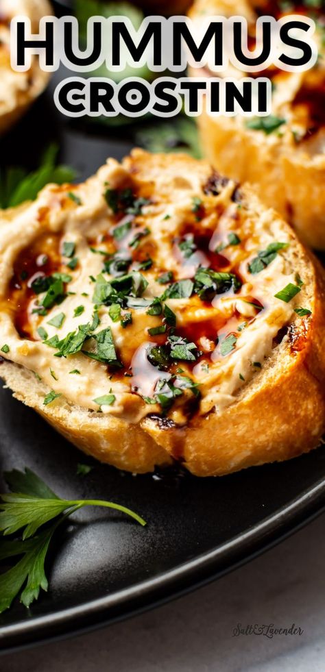 Need a quick appetizer? This garlic hummus crostini recipe takes only 15 minutes! It's loaded with garlic hummus and is an incredibly simple crowd-pleaser. Hummus Crostini Appetizers, Garlic Crostini Recipes, Crustini Appetizers Garlic, Hummus Crostini, Baguette Appetizer, Crostini Appetizer, Balsamic Drizzle, Crostini Recipe, Quick Appetizer