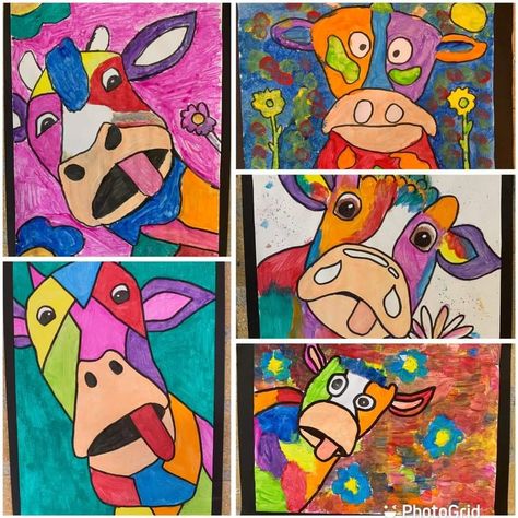 Cow Art Project, Elementary Rodeo Art Ideas, Farm Art Projects, Farm Animal Art Projects, Nursery Rhyme Art, Rodeo Art, April Art, Animal Art Projects, Kindergarten Art Projects