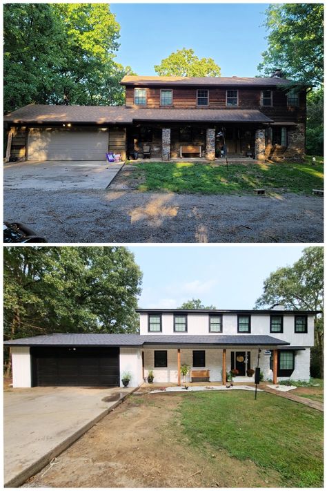 I had a vision for this house and HELLO! It's so beautiful. www.instagram.com/finewayfarmhouse Exterior House Before And After, 1970s House Remodel, Exterior Home Makeover, New England House, 80s House, 1970s House, Ranch House Remodel, Fixer Upper House, House Before And After