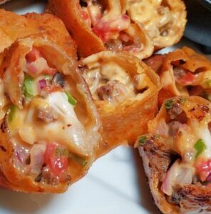 Egg Roll Ingredients, How To Make Nachos, Beef Wraps, Yellow Bell Pepper, Nacho Cheese Sauce, Wrap Recipe, Loaded Nachos, Egg Roll Wrappers, Green Bell Pepper