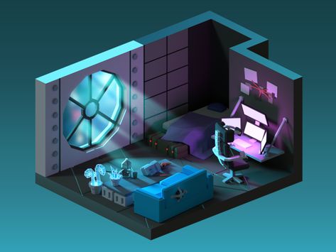 Cyberpunk room by Alex Pushilin Scifi Room, Cyberpunk Room, Art Cyberpunk, 3d Isometric, 3d Room, Video Game Room Design, Eve Online, Mike Mignola, Video Game Rooms