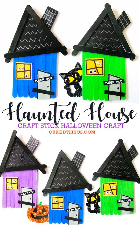 Craft Stick Haunted House Craft Haunted House Craft, Wooden Craft Sticks, Fire Kids, Craft Halloween, Ghost Crafts, House Craft, Teacher Activities, Basket Crafts, A Haunted House