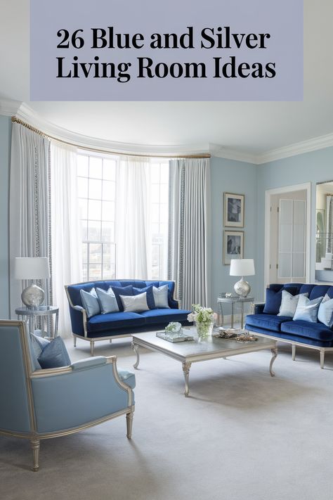 Blue and silver create a stunning living room atmosphere, blending elegance with tranquility. Whether you're revamping your space or adding touches of style, these 26 blue and silver living room ideas will inspire you to create a space that's both beautiful and inviting. From modern designs to cozy apartment settings, these ideas showcase the versatility of this classic color combination. Blue And Silver Home Decor, Blue And Silver Living Room, Silver Living Room Ideas, Silver Tv Stand, Upholstered Window Seat, Blue Bookshelves, Blue Leather Sofa, Blue Velvet Armchair, Silver Wall Clock