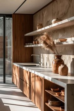 Wooden Modern Kitchen Design, Kitchen Wabi Sabi Style, Japandi Home Bar, Industrial Japandi Kitchen, Kitchen Countertop Inspiration, Wabi Sabi Kitchen Cabinets, Wabi Sabi Kitchen Design, Japandi Stairs, Egger Kitchen Design