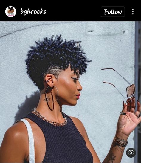 Short Black Mohawk Hairstyles, Afro Hair Undercut, Frohawk Women, Tapered Undercut Natural Hair, Natural Hair Undercut Black Women, Tapered Mohawk Natural Hair Black Women, Natural Curly Pixie Cut, Short Afro Coloured Hair, Twa Formal Hairstyles