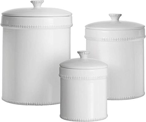 Ceramic Cansiters perfect for Flour, Sugar, and Brown Sugar organization! White Canister Set, Sugar Rice, Ceramic Canister Set, White Canisters, Ceramic Canisters, Ceramic Canister, Rice Pasta, Pantry Shelf, Tea Canisters