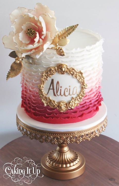 Pretty Pink Ombre Ruffled Cake with Gold Accents and Beautiful Sugar Flower Cake With Gold Accents, Ombre Ruffle Cake, Ruffled Cake, Cake With Gold, Mini Torte, Red Cake, Ruffle Cake, Gorgeous Cakes, Floral Cake