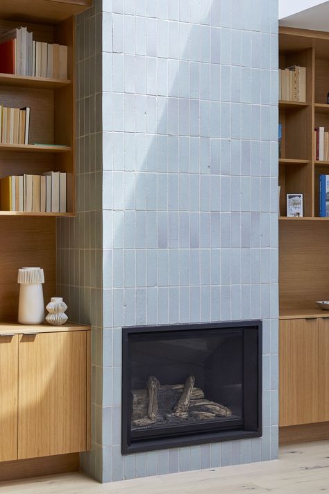 Fireclay Tile Fireplace, Blue Tile Fireplace, Fireplace Backsplash Tile, Bold Fireplace, Tiled Fireplace Wall, Downstairs Office, Seattle Beach, Interior Updates, Tile Fireplace