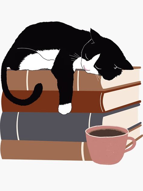 "Cat sleeping on books" Sticker for Sale by BookishSpace1 | Redbubble Cat Sleeping On Books Drawing, Sleeping Cats Illustration, Cat Sitting Illustration, Sleeping Cat Cartoon, Cat Sleeping Drawing, Sleeping Cat Illustration, Cat Sleeping On Books, Bookshelf Painting, Cat Asleep