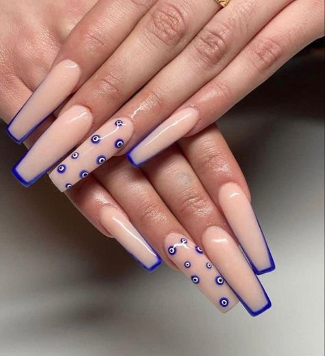 Nails Evil Eye, Ongles Beiges, Evil Eye Nails, Nails Luxury, Eye Nails, Blue Acrylic Nails, French Tip Acrylic Nails, Long Acrylic Nails Coffin, Acrylic Nails Coffin Pink