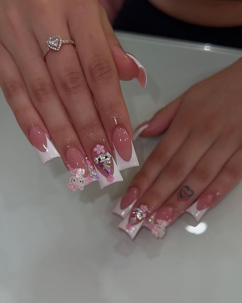 French Tip Hello Kitty Nails, Duckies Nails, Pink Gel Nails, Duck Nails, Hello Kitty Nails, French Nail, Soft Nails, Bling Acrylic Nails, Short Acrylic Nails Designs