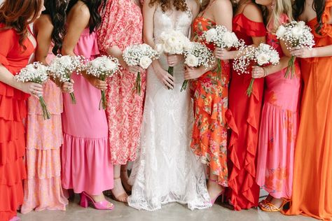 Bridesmaids Colorful, Colorful Bridesmaids, Bridesmaid Dresses Color Palette, Aruba Wedding, Bright Pink Wedding, Patterned Bridesmaid, Fun Dresses, Disco Wedding, Orange Bridesmaid