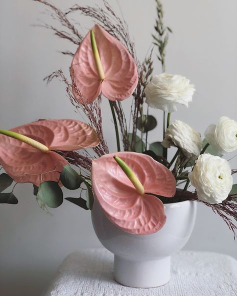 Charleston wedding flower arrangement with blush anthurium and white ranunculus by Purple Magnolia Anthurium And Roses Arrangement, White Anthurium Arrangement, Anthurium Flower Arrangement, Anthurium Wedding, Anthurium Arrangement, Anthurium Bouquet, Flower Ranunculus, Cherry Wedding, Purple Magnolia