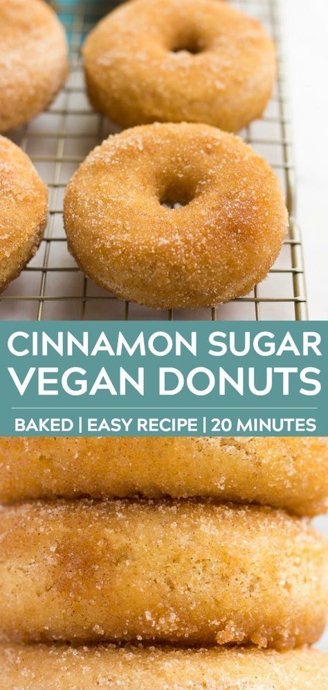 Vegan Sugar Cinnamon Donuts are easy to make, and baked not fried! #vegan #dairyfree Vegan Donuts Baked, Beignets Cuits, Healthy Vegan Dessert, Vegan Doughnuts, Patisserie Vegan, Cheesecake Vegan, Cinnamon Donuts, Vegan Baking Recipes, Cinnamon Sugar Donuts